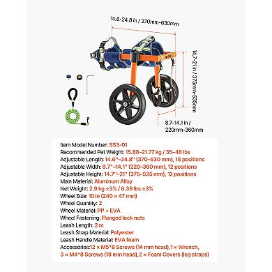 VEVOR Dog Wheelchair for Back Legs, 2 Wheels, Height, Width & Length Adjustable for Dogs 35-48 lbs
