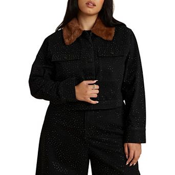 ELOQUII Women's Plus Size Embellished Denim Jacket With Fur Collar
