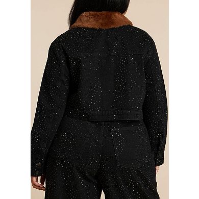 ELOQUII Women's Plus Size Embellished Denim Jacket With Fur Collar