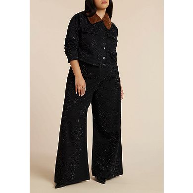 ELOQUII Women's Plus Size Embellished Denim Jacket With Fur Collar