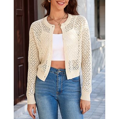 Women's Cropped Button Down Knit Cardigan Long Sleeve Round Neck Crochet Crop Top
