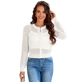 Women's Cropped Button Down Knit Cardigan Long Sleeve Round Neck Crochet Crop Top