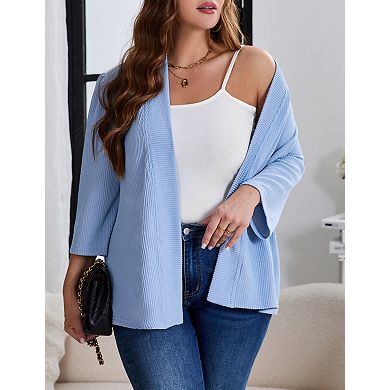 Plus Size Puff Sleeve Cardigans for Women 3/4 Sleeve Open Front Lightweight Cardigans Work Tops