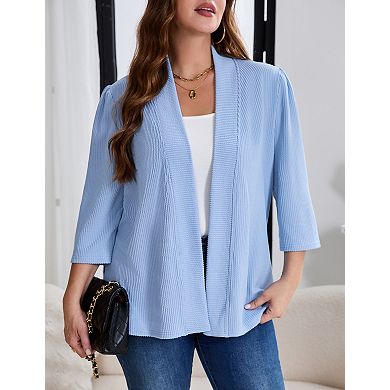 Plus Size Puff Sleeve Cardigans for Women 3/4 Sleeve Open Front Lightweight Cardigans Work Tops