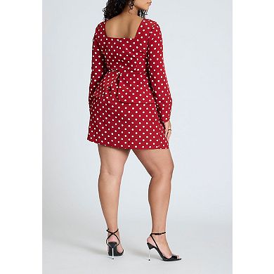ELOQUII Women's Plus Size Square Neck Long Sleeve Printed Mini Dress