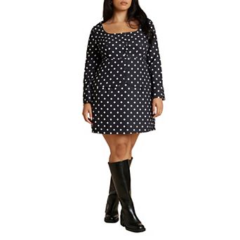 ELOQUII Women's Plus Size Square Neck Long Sleeve Printed Mini Dress