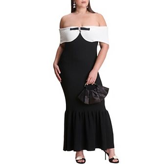 ELOQUII Women's Plus Size Contrast Bow Fluted Midi Dress