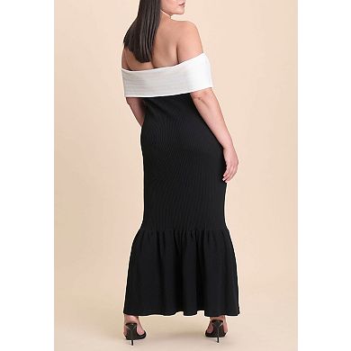 ELOQUII Women's Plus Size Contrast Bow Fluted Midi Dress