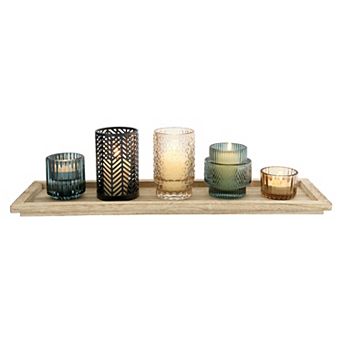 Hello Honey 5 pc Embossed Glass and Metal Tealight Candle Holders in a Wood Tray, Multicolor