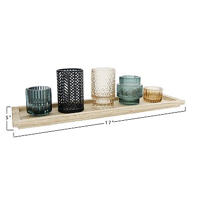 Hello Honey 5-Piece Embossed Glass and Metal Tealight Candle Holders in a Wood Tray, Multicolor