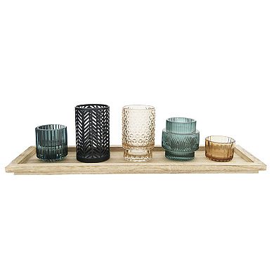 Hello Honey 5-Piece Embossed Glass and Metal Tealight Candle Holders in a Wood Tray, Multicolor