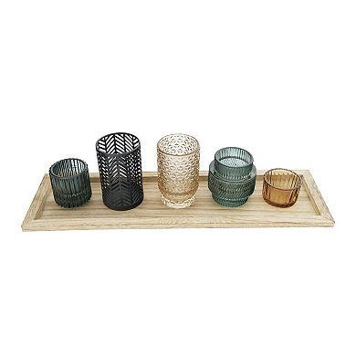 Hello Honey 5-Piece Embossed Glass and Metal Tealight Candle Holders in a Wood Tray, Multicolor