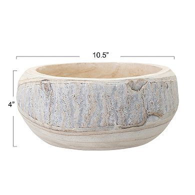 Hello Honey Decorative Hand-Carved Paulownia Wood Bowl, Whitewashed
