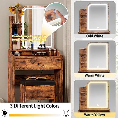 Wood Vanity Desk with Mirror, Lights, Storage, Drawer, Chair, Shelves