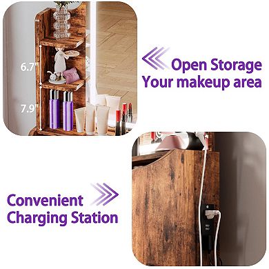 Wood Vanity Desk with Mirror, Lights, Storage, Drawer, Chair, Shelves