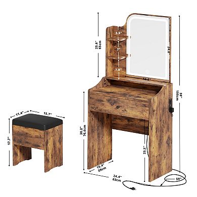Wood Vanity Desk with Mirror, Lights, Storage, Drawer, Chair, Shelves