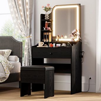 Wood Vanity Desk with Mirror, Lights, Storage, Drawer, Chair, Shelves