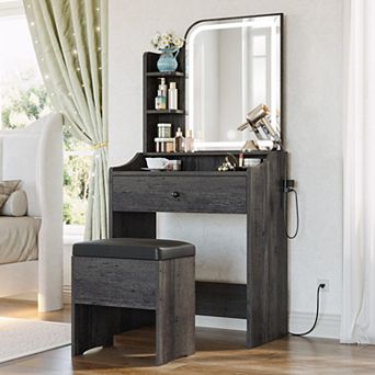Wood Vanity Desk with Mirror, Lights, Storage, Drawer, Chair, Shelves