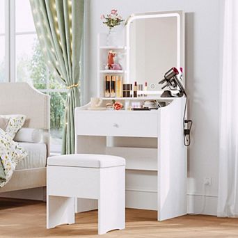 Wood Vanity Desk with Mirror, Lights, Storage, Drawer, Chair, Shelves