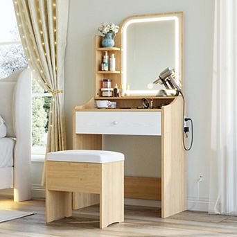 Wood Vanity Desk with Mirror, Lights, Storage, Drawer, Chair, Shelves