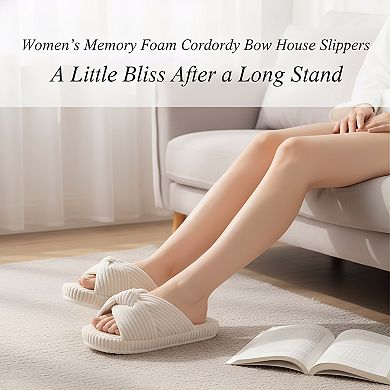 Memory Foam Slippers for Women Corduroy with Bow Comfy House Shoes