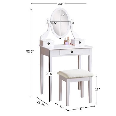 Wood Vanity Set with 3 Drawers: Polyester Upholstered Stool & Adjustable Mirror