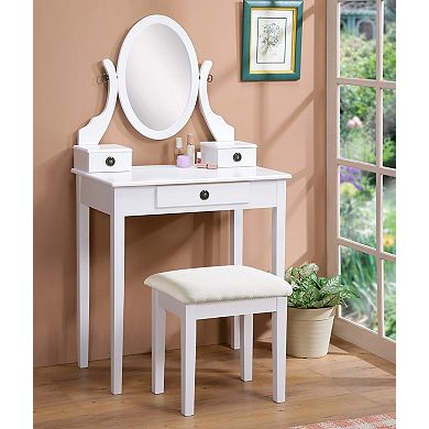 Wood Vanity Set with 3 Drawers: Polyester Upholstered Stool & Adjustable Mirror