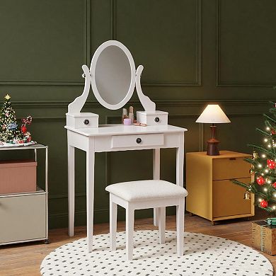 Wood Vanity Set with 3 Drawers: Polyester Upholstered Stool & Adjustable Mirror