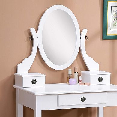 Wood Vanity Set with 3 Drawers: Polyester Upholstered Stool & Adjustable Mirror