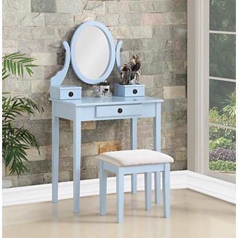 Wood Vanity Set with 3 Drawers: Polyester Upholstered Stool & Adjustable Mirror
