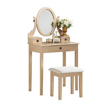 Wood Vanity Set with 3 Drawers: Polyester Upholstered Stool & Adjustable Mirror