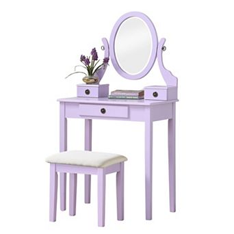 Wood Vanity Set with 3 Drawers: Polyester Upholstered Stool & Adjustable Mirror