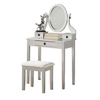 Wood Vanity Set with 3 Drawers: Polyester Upholstered Stool & Adjustable Mirror