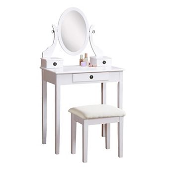 Wood Vanity Set with 3 Drawers: Polyester Upholstered Stool & Adjustable Mirror