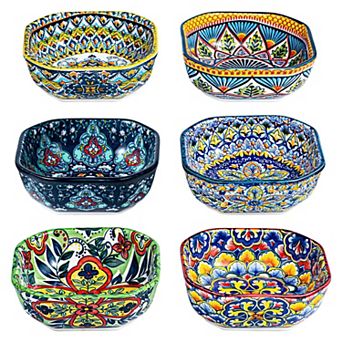 Bohemian Style 8 Oz Ceramic Dipping Bowls - 4.3" Square, 6 Pack for Snacks, Salsa, Desserts