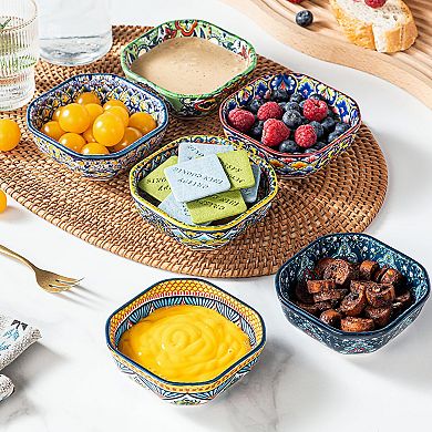 Bohemian Style 8 Oz Ceramic Dipping Bowls - 4.3" Square, 6 Pack for Snacks, Salsa, Desserts