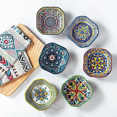 Bohemian Style 8 Oz Ceramic Dipping Bowls - 4.3" Square, 6 Pack for Snacks, Salsa, Desserts