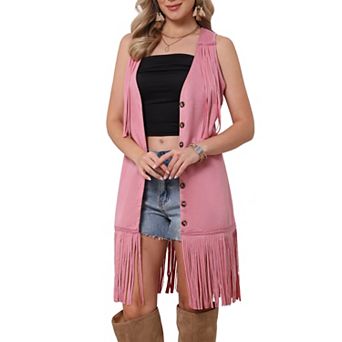 Fringe Vest for Women Faux Suede Sleeveless Cowgirl V Neck Button Down Western Long Cardigan Jacket