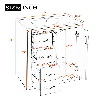 ELEMENT ACE 30-Inch Freestanding Bathroom Vanity with Ceramic Sink and Storage Cabinet