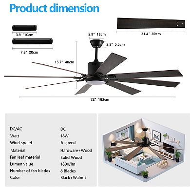 ELEMENT ACE 72 Inch Walnut Finish LED Ceiling Fan with 8 Wooden Blades and Remote Control