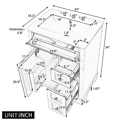 ELEMENT ACE 24 Inch Single Sink Bathroom Vanity with Storage Drawers and Cabinet