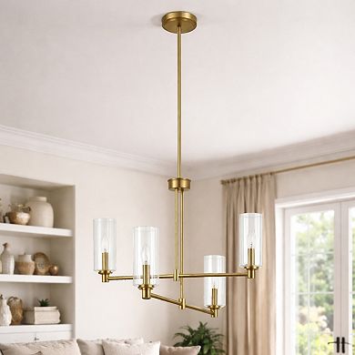 ELEMENT ACE Four Light Chandelier with Ribbed Glass and Satin Brass Finish
