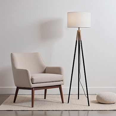 ELEMENT ACE Brassed Gold Triple Leg Floor Lamp with White Fabric Shade