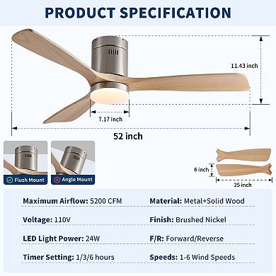 ELEMENT ACE Modern Natural Style Solid Wood Low Profile Integrated LED Ceiling Fan with Light