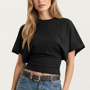 Women's Short Sleeve Cropped Top with Wide Waistband and Relaxed Blouson Fit