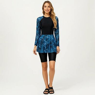 Women's 2-Piece Long Sleeve Swim Set with Printed Peplum Top and Bike Shorts