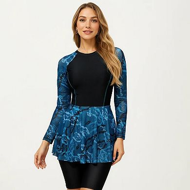 Women's 2-Piece Long Sleeve Swim Set with Printed Peplum Top and Bike Shorts