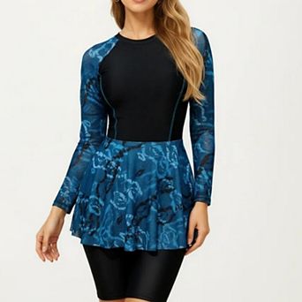 Women's 2 pc Long Sleeve Swim Set with Printed Peplum Top and Bike Shorts
