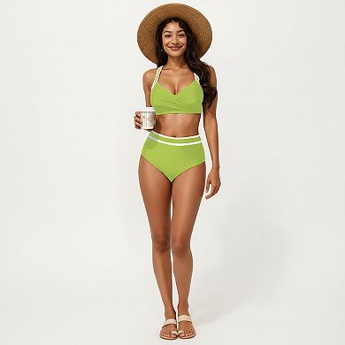 Women's 2-Piece Set Contrast Trim Bikini Top with High Waisted Bottom Swim Set