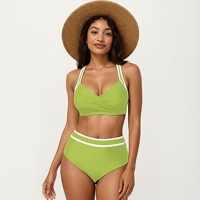 Women's 2-Piece Set Contrast Trim Bikini Top with High Waisted Bottom Swim Set